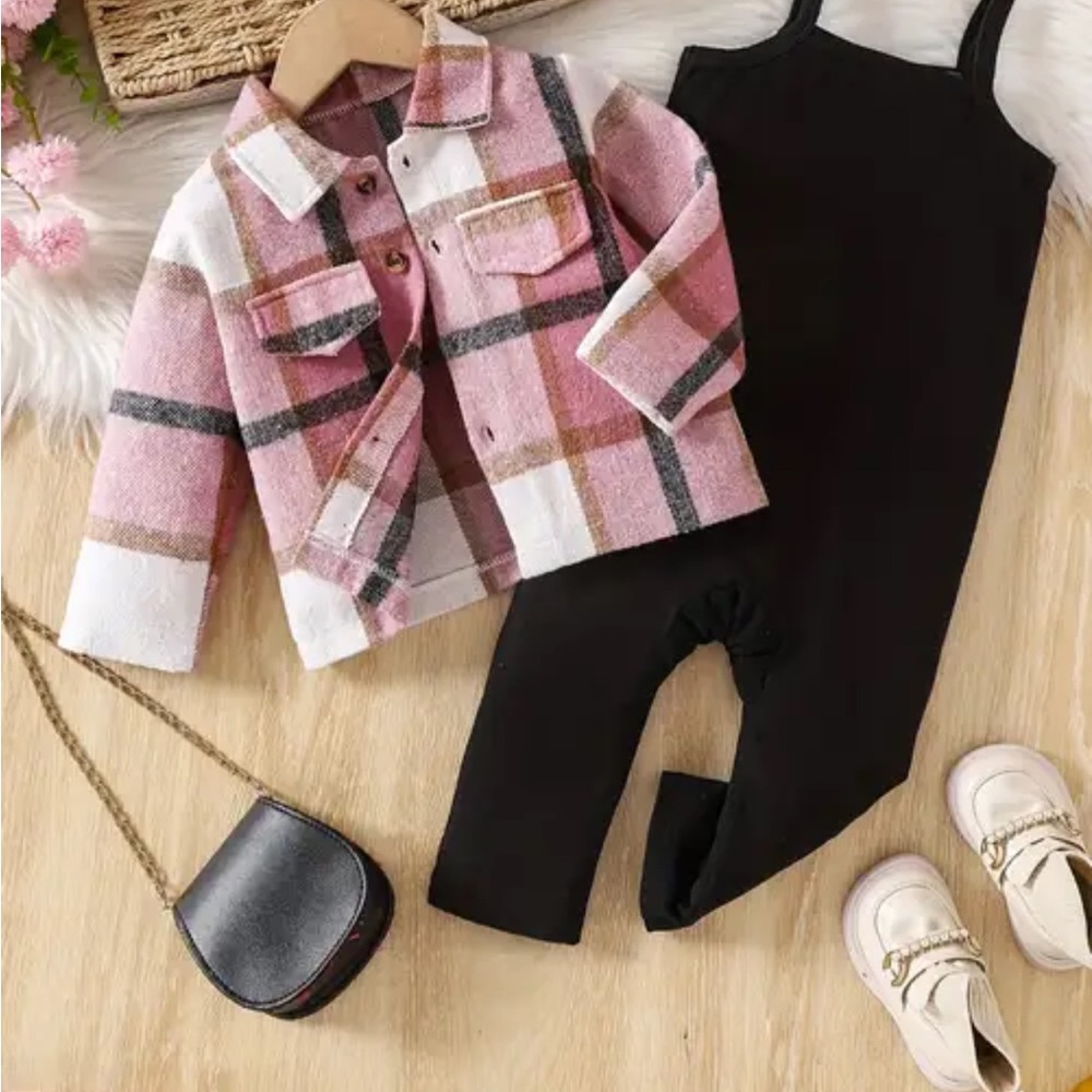 SHEINKids Pink and Brown Plaid Shirt Set